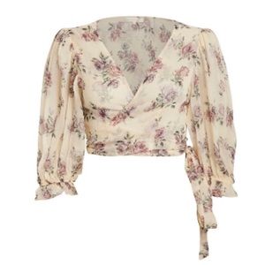 LoveShackFancy floral silk tie wrap crop blouse